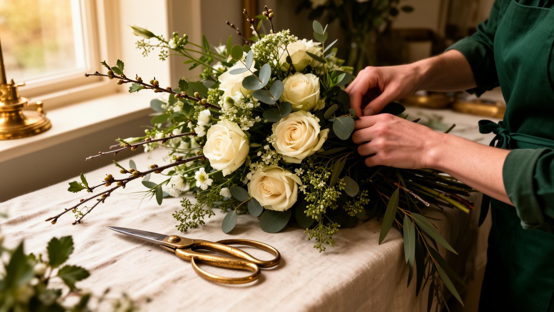 Florist styling a wild English garden bouquet with hawthorn branches